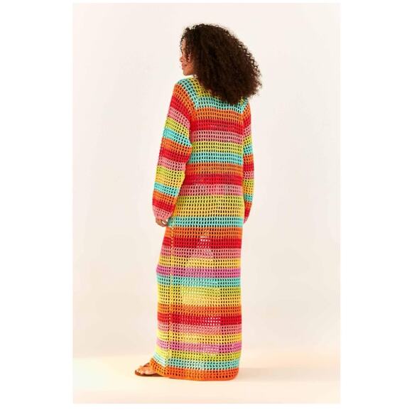 NWOT FARM RIO Striped Multicolor Crochet Dress beaded tassels Cover Up Large - Picture 3 of 16